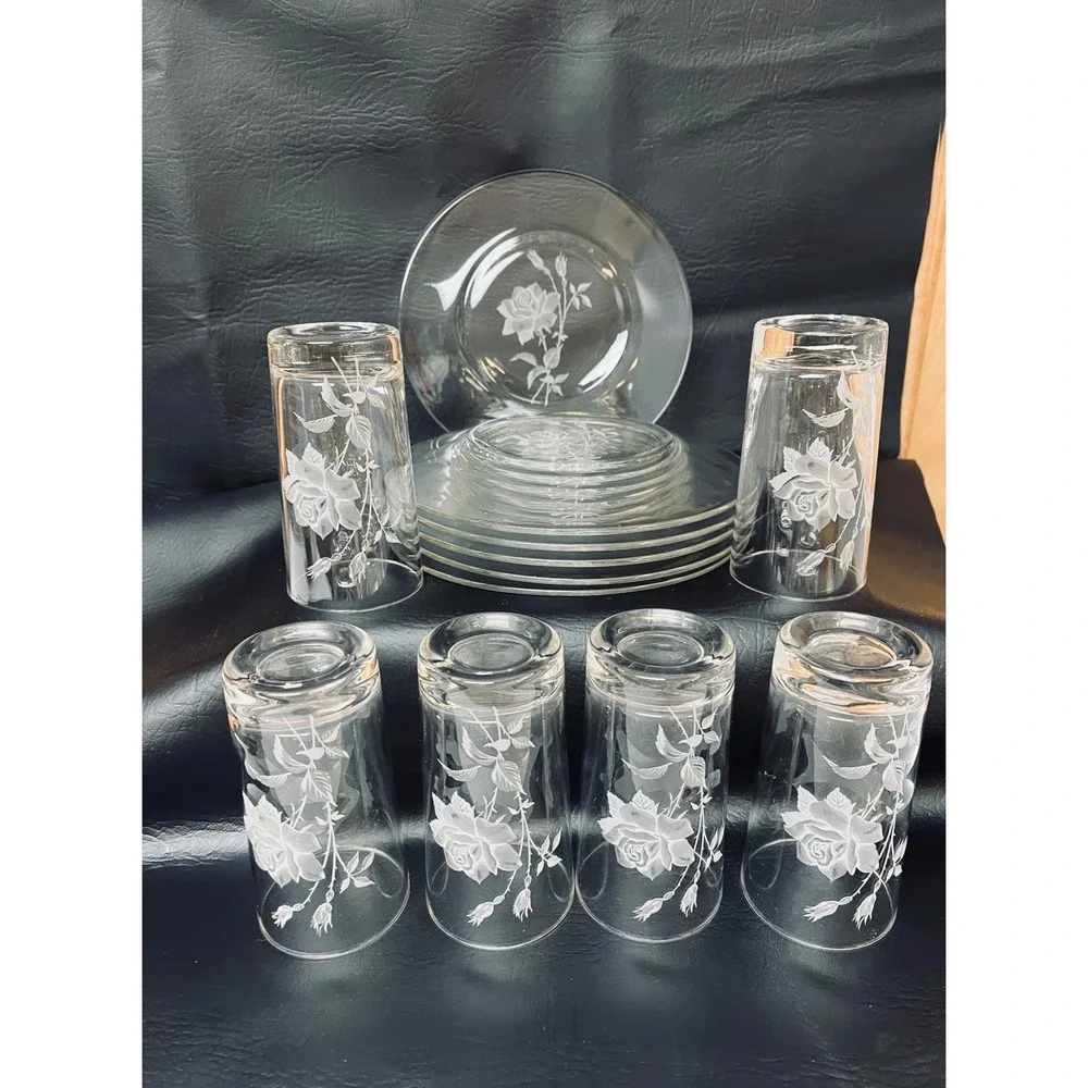 Vtg Federal Glass 60s Etched Rose Clear Glass Tumblers Luncheon Plates MCM Set 6